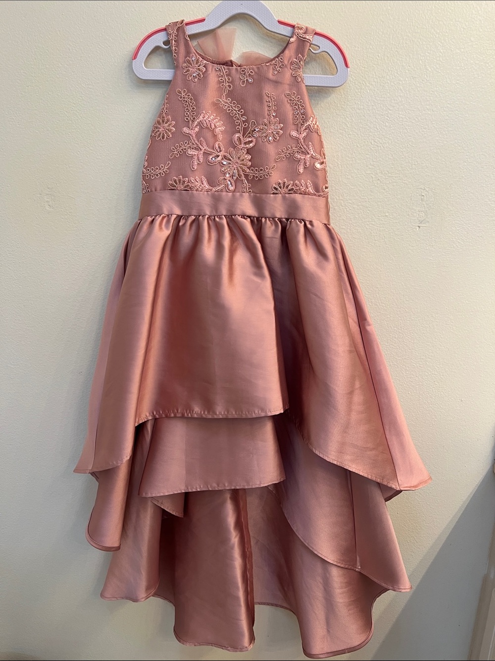 Bonnie Jean Rose Pink Floral Lace High-Low Satin Party Recital Holiday Dress